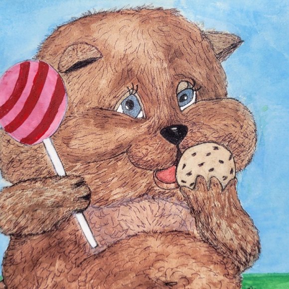 Framed Artwork 1984 Watercolor Drawing Bear Cub Eating Sweets Whimsical OOAK - Picture 1 of 9